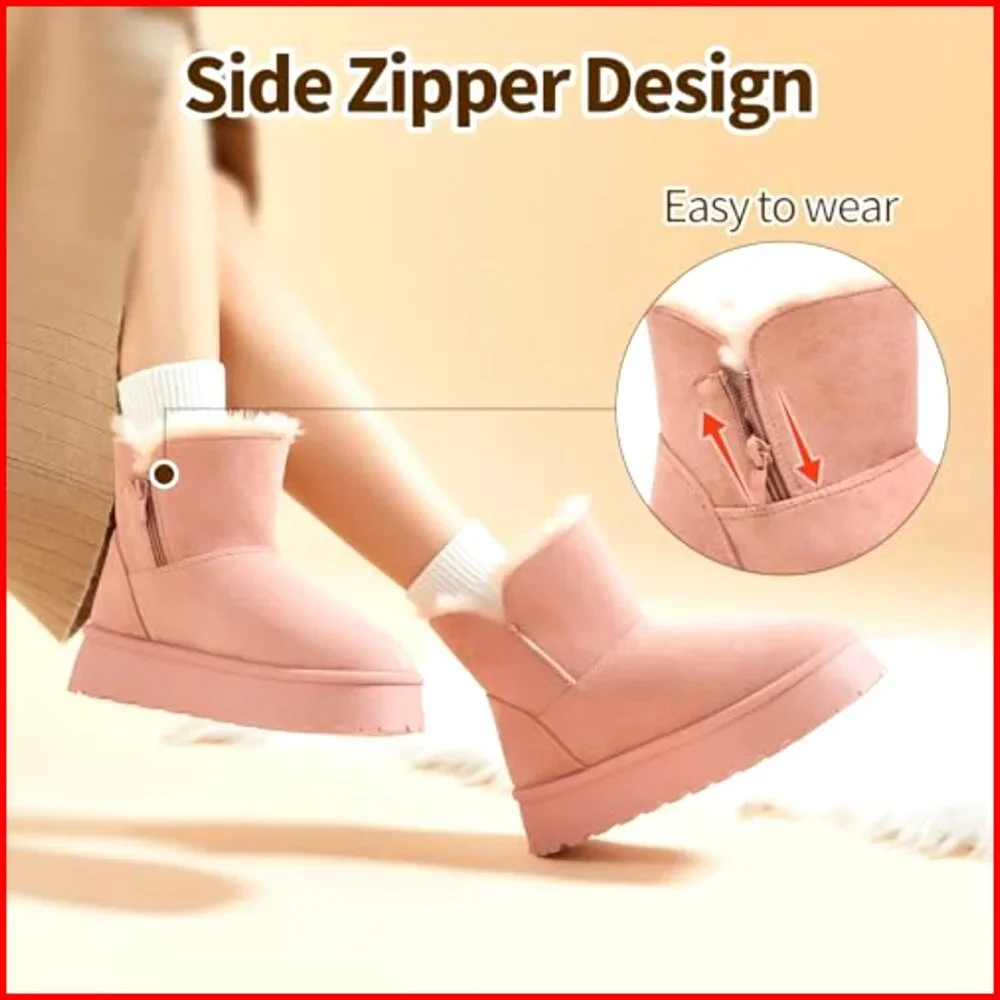 Women's Suede Ankle Boots Platform Winter Snow Boots Fur Lined Waterproof